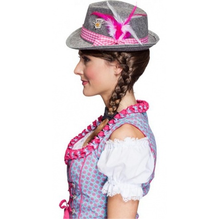 Grijze Oktoberfest tiroler dameshoed met roze band