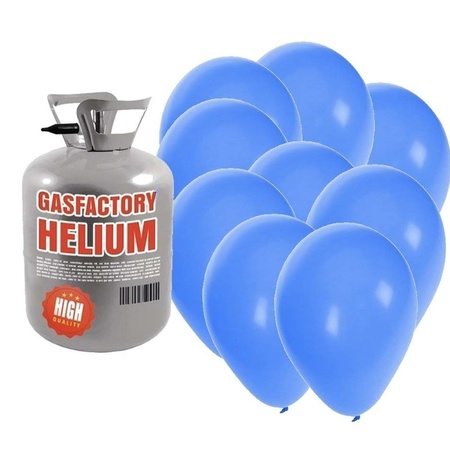 Helium tank with 30 blue balloons