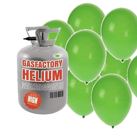 Helium tank with 30 green balloons