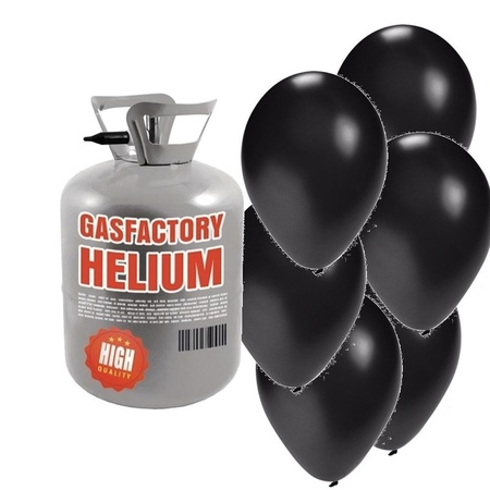 Helium tank with 30 black balloons