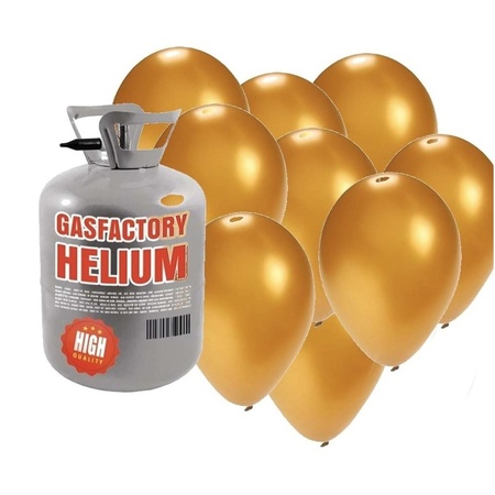 Helium tank with 50 golden balloons