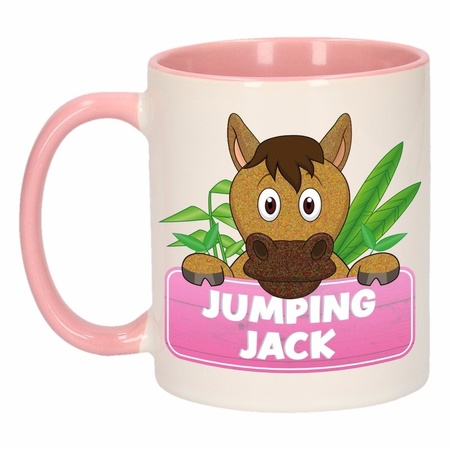 Paarden theebeker roze / wit Jumping Jack 300 ml
