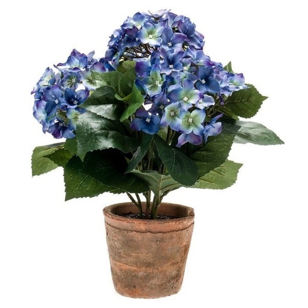 Kunstplant Hortensia blauw in oude ronde terracotta pot 37 cm 