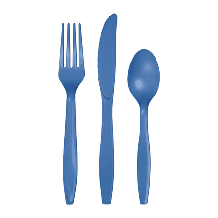 Plastic cutlery for party/bbq - 24x pieces - blue - knifes/vorks/spoons - reusable