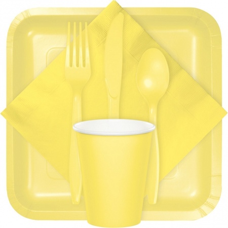 Plastic cutlery for party/bbq - 24x pieces - yellow - knifes/vorks/spoons - reusable