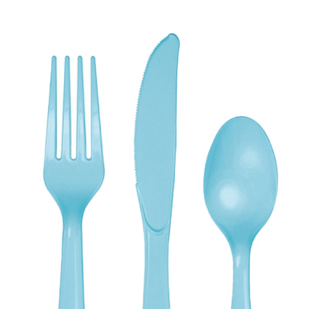 Plastic cutlery for party/bbq - 24x pieces - lightblue - knifes/vorks/spoons - reusable