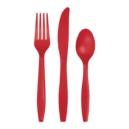 Plastic cutlery for party/bbq - 24x pieces - red - knifes/vorks/spoons - reusable