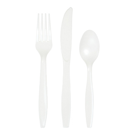Plastic cutlery for party/bbq - 24x pieces - white - knifes/vorks/spoons - reusable