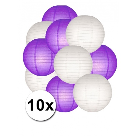 Feestartikelen lampionnen paars/witte 10x