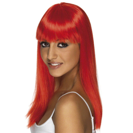 Long lady wig neon red