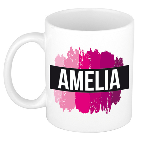 Name mug Amelia  with pink paint marks  300 ml