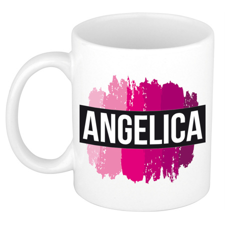 Naam cadeau mok / beker Angelica  met roze verfstrepen 300 ml