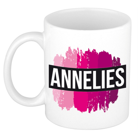 Name mug Annelies  with pink paint marks  300 ml