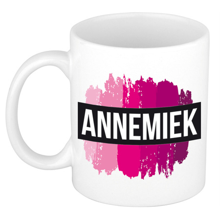 Name mug Annemiek  with pink paint marks  300 ml