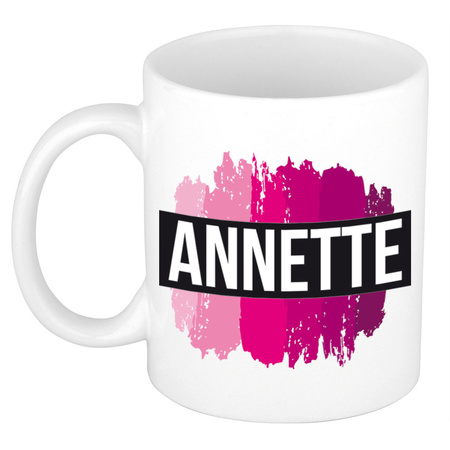Naam cadeau mok / beker Annette  met roze verfstrepen 300 ml
