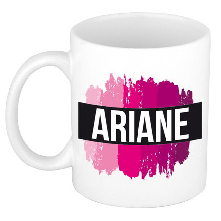 Naam cadeau mok / beker Ariane  met roze verfstrepen 300 ml