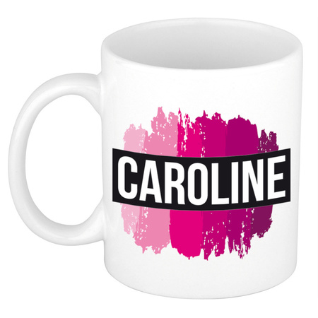 Naam cadeau mok / beker Caroline  met roze verfstrepen 300 ml