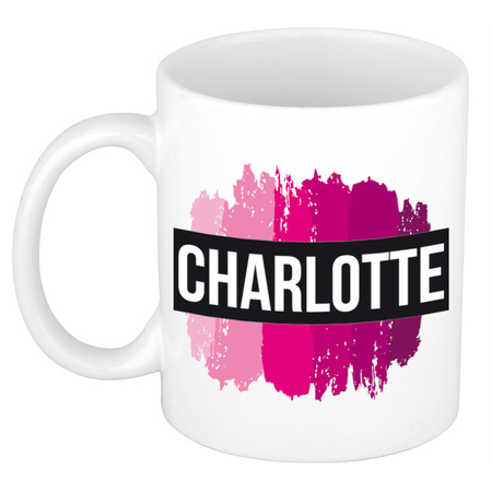 Naam cadeau mok / beker Charlotte  met roze verfstrepen 300 ml