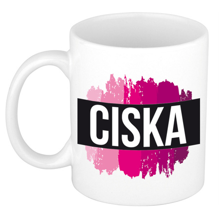 Name mug Ciska  with pink paint marks  300 ml