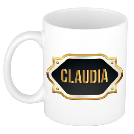 Naam cadeau mok / beker Claudia met gouden embleem 300 ml