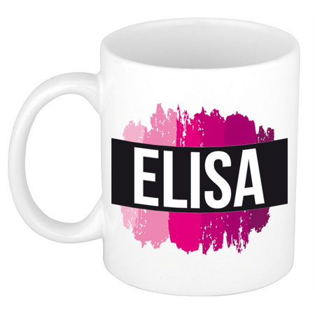 Naam cadeau mok / beker Elisa  met roze verfstrepen 300 ml