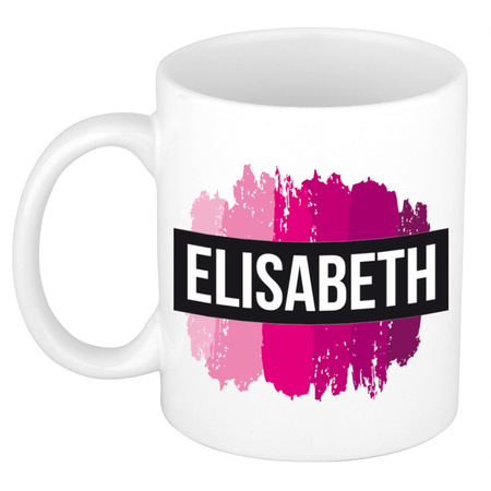 Naam cadeau mok / beker Elisabeth  met roze verfstrepen 300 ml