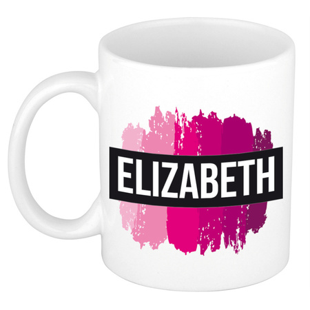Naam cadeau mok / beker Elizabeth  met roze verfstrepen 300 ml