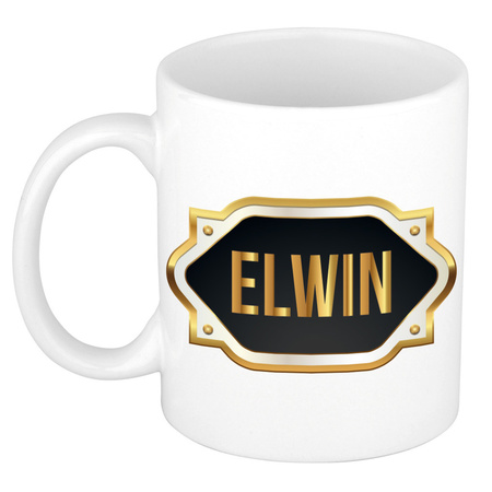 Name mug Elwin with golden emblem 300 ml