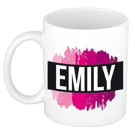Naam cadeau mok / beker Emily  met roze verfstrepen 300 ml