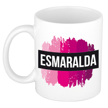 Naam cadeau mok / beker Esmaralda  met roze verfstrepen 300 ml