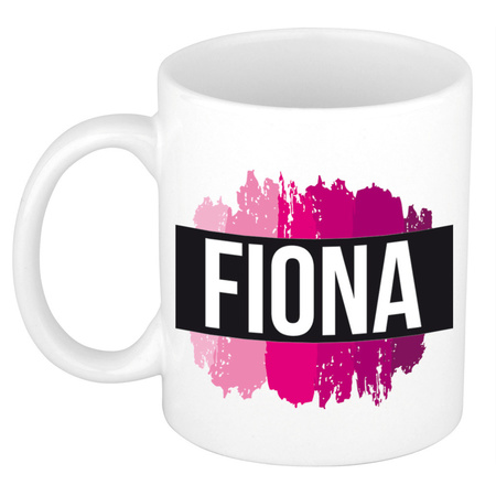 Naam cadeau mok / beker Fiona  met roze verfstrepen 300 ml