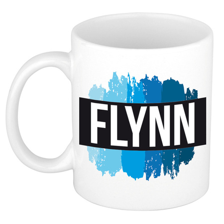 Naam cadeau mok / beker Flynn met blauwe verfstrepen 300 ml