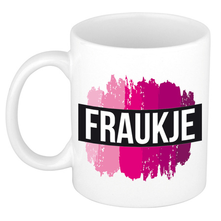 Naam cadeau mok / beker Fraukje  met roze verfstrepen 300 ml