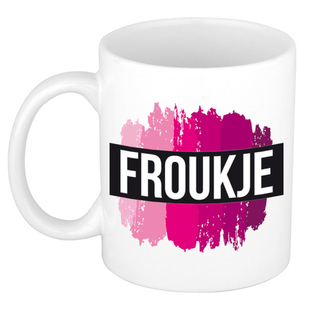 Name mug Froukje  with pink paint marks  300 ml