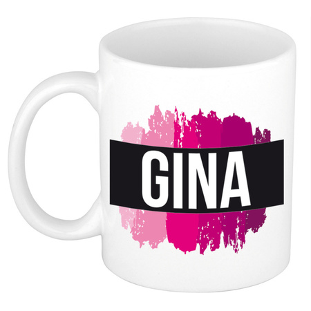 Naam cadeau mok / beker Gina  met roze verfstrepen 300 ml