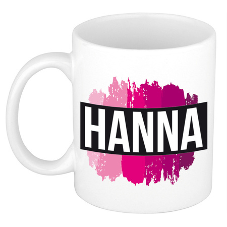 Naam cadeau mok / beker Hanna  met roze verfstrepen 300 ml