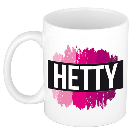 Naam cadeau mok / beker Hetty  met roze verfstrepen 300 ml
