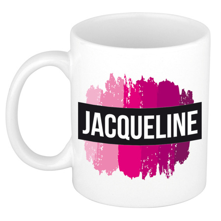 Name mug Jacqueline  with pink paint marks  300 ml