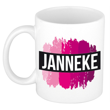 Naam cadeau mok / beker Janneke  met roze verfstrepen 300 ml