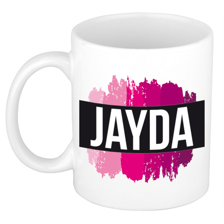 Naam cadeau mok / beker Jayda  met roze verfstrepen 300 ml