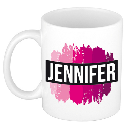Naam cadeau mok / beker Jennifer  met roze verfstrepen 300 ml