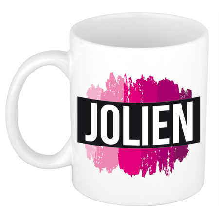 Name mug Jolien  with pink paint marks  300 ml