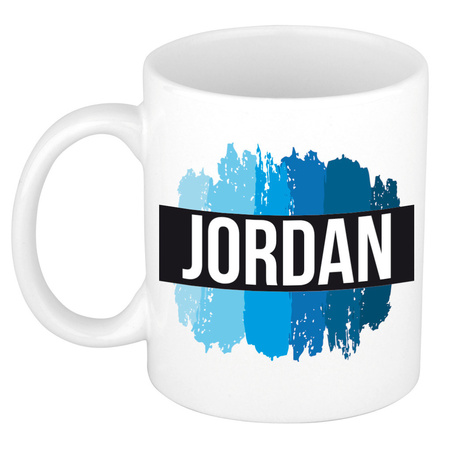 Naam cadeau mok / beker Jordan met blauwe verfstrepen 300 ml