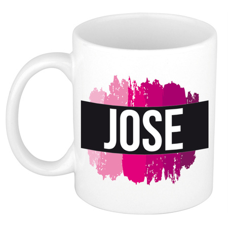 Naam cadeau mok / beker Jose  met roze verfstrepen 300 ml