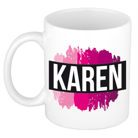 Name mug Karen  with pink paint marks  300 ml