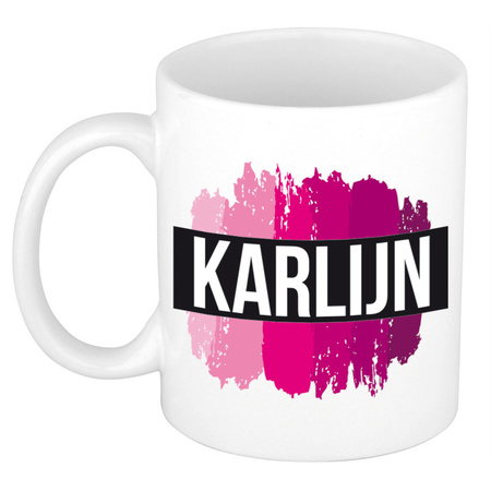Naam cadeau mok / beker Karlijn  met roze verfstrepen 300 ml