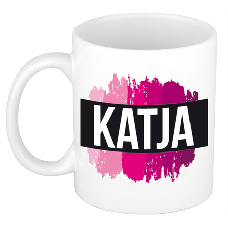 Name mug Katja  with pink paint marks  300 ml