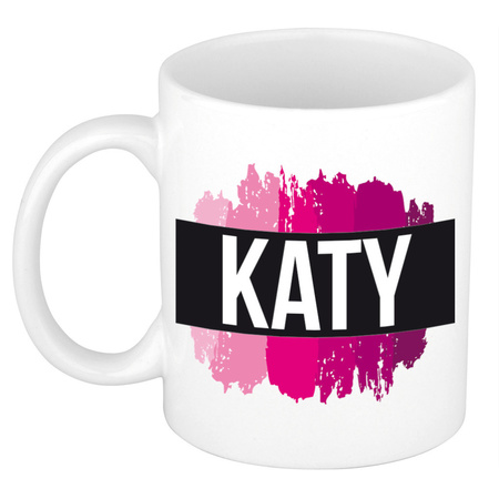 Naam cadeau mok / beker Katy  met roze verfstrepen 300 ml