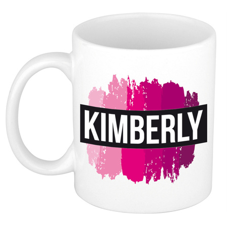 Naam cadeau mok / beker Kimberly  met roze verfstrepen 300 ml