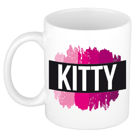 Naam cadeau mok / beker Kitty  met roze verfstrepen 300 ml